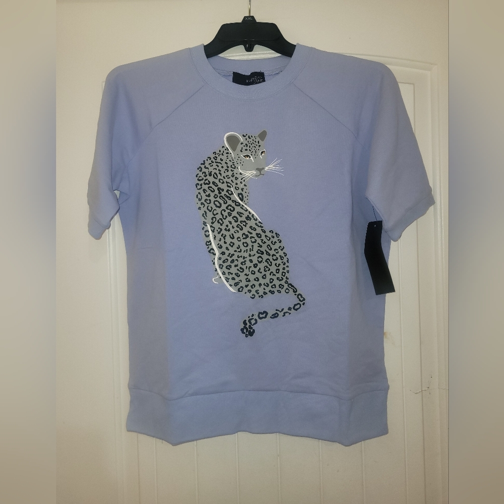 Evryday Jane Leopard Print Blue Short Sleeve Blouse Womens Size M
